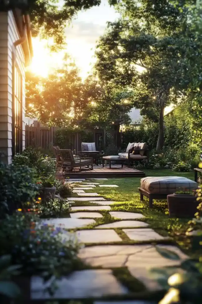 Create the Perfect Retreat: 6 Backyard Landscaping Ideas You Need to Try A cozy suburban backyard at golden hour, half-renovated with patches of overgrown grass and some old furniture