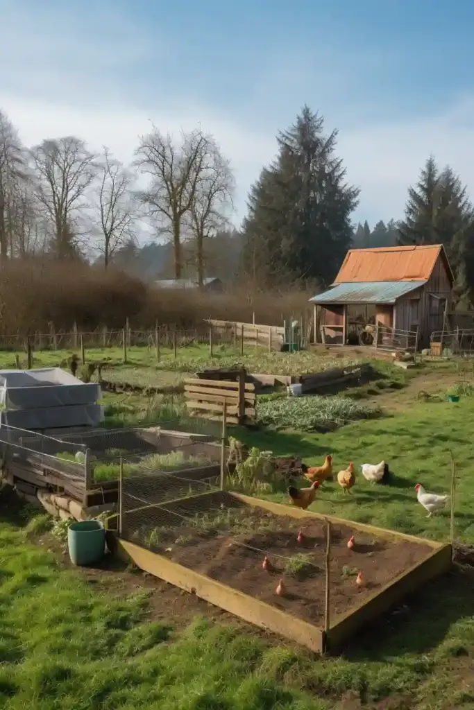 Design Ideas for Starting a One Acre Homestead Illustrated one acre homestead layout plan showing organized zones for gardening, livestock, composting, and water collection.