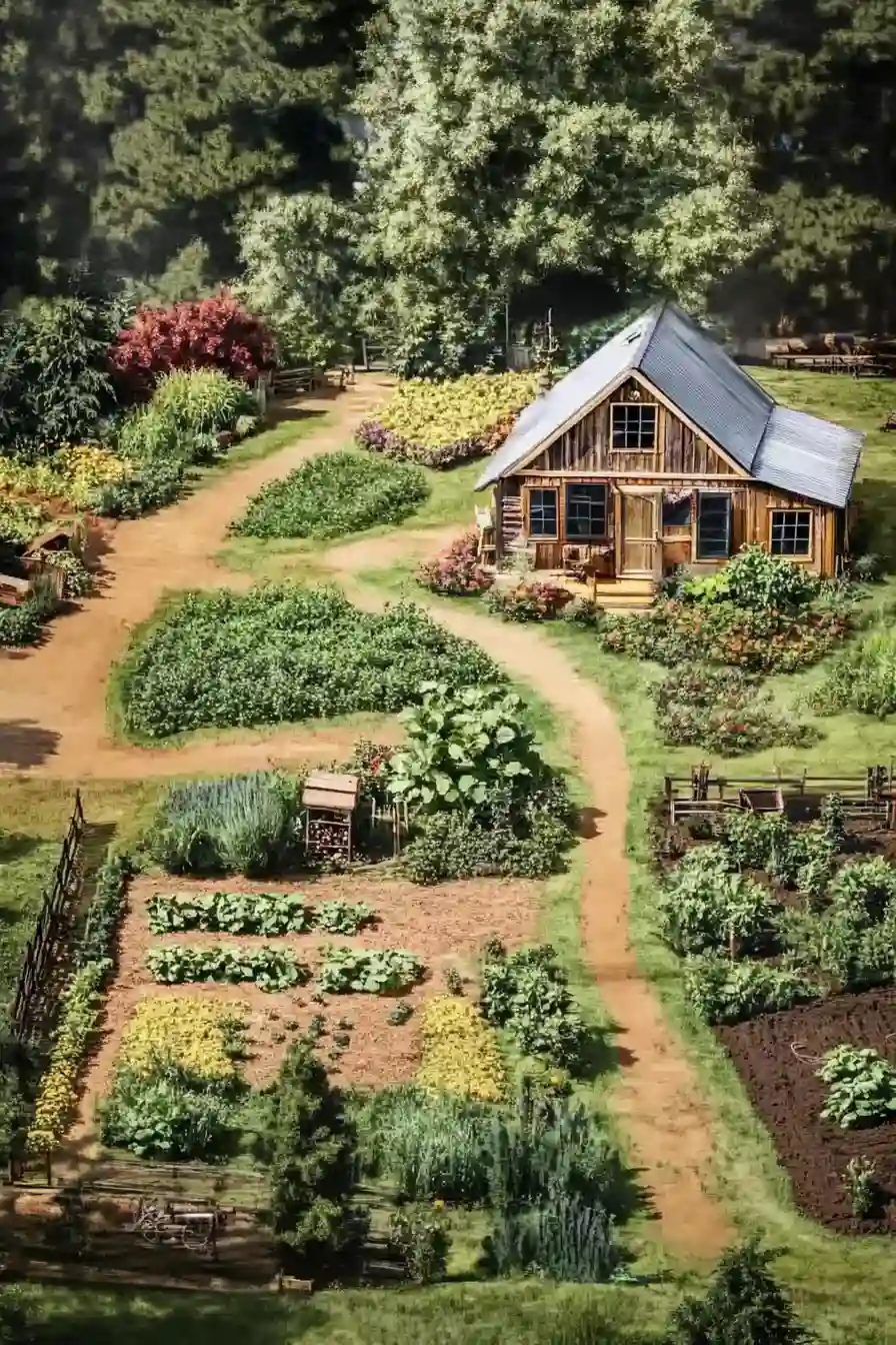 Compact animal setup on a one acre homestead with chickens, goats, and rabbits in well-fenced enclosures and a shaded pasture.