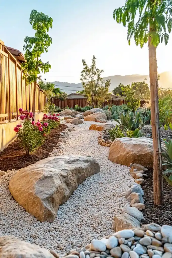 Drought-Resistant Flower Garden Along a Fence: A Beautiful, Low-Water Landscaping Idea Adding Hardscape Elements