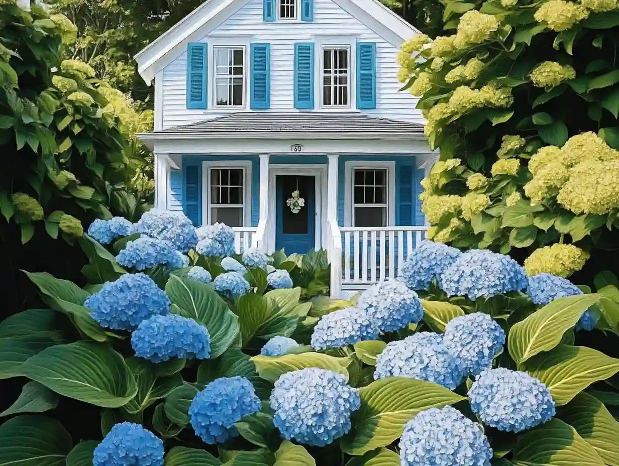 Coastal Charm: Blue Hydrangeas & Variegated Hostas