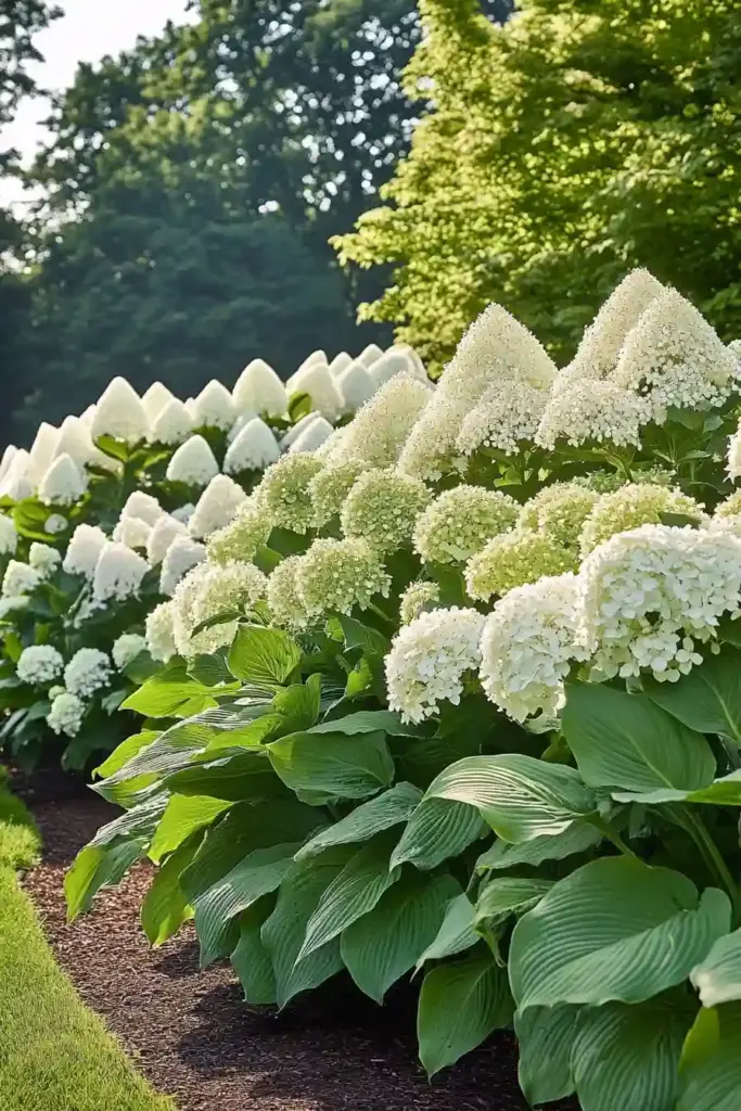 17 Hydrangea And Hostas Landscaping Combinations Sun-Kissed Border: Panicle Hydrangeas & Solid-Colored Hostas