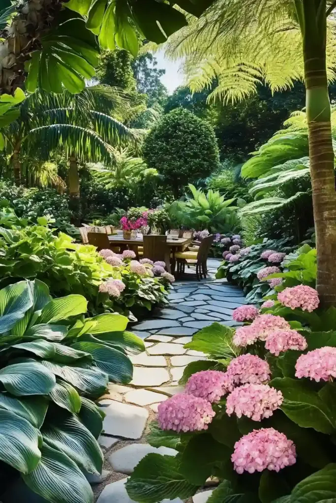 17 Hydrangea And Hostas Landscaping Combinations Tropical Vibes: Pink Hydrangeas & Patterned Hostas