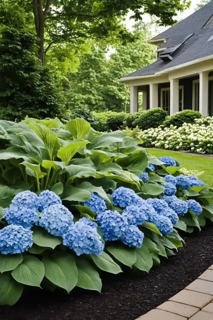17 Hydrangea And Hostas Landscaping Combinations Refreshing Retreat: Blue Hydrangeas & Solid-Colored Hostas