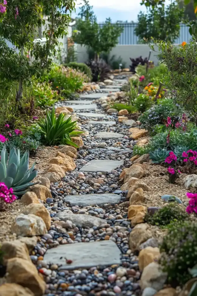 27 Stunning Rock Landscape Ideas for Your Garden 11. Serene Stepping Stones with Flower Framing