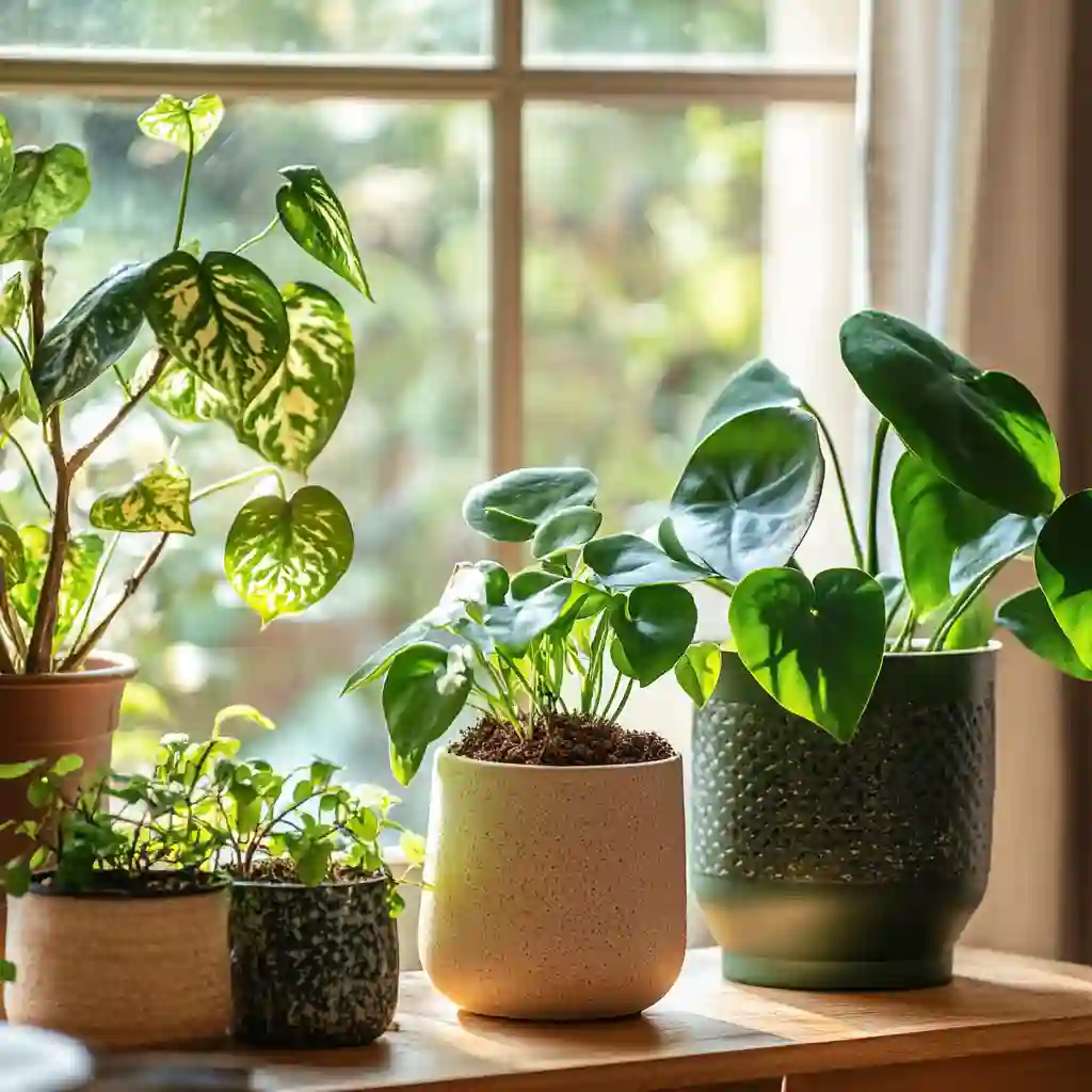 6 Mind-Blowing Reasons to Sprinkle Cinnamon on Your Plants Cozy indoor room with thriving houseplants in ceramic pots, visible cinnamon sprinkled on soil surface, natural window light, boho-modern interior decor, calming green tones