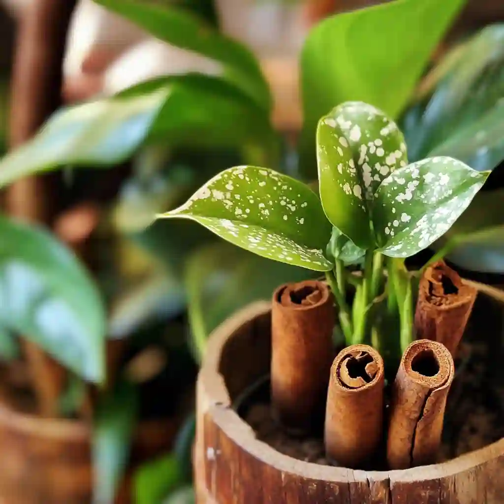 Cozy indoor room with thriving houseplants in ceramic pots, visible cinnamon sprinkled on soil surface, natural window light, boho-modern interior decor, calming green tones