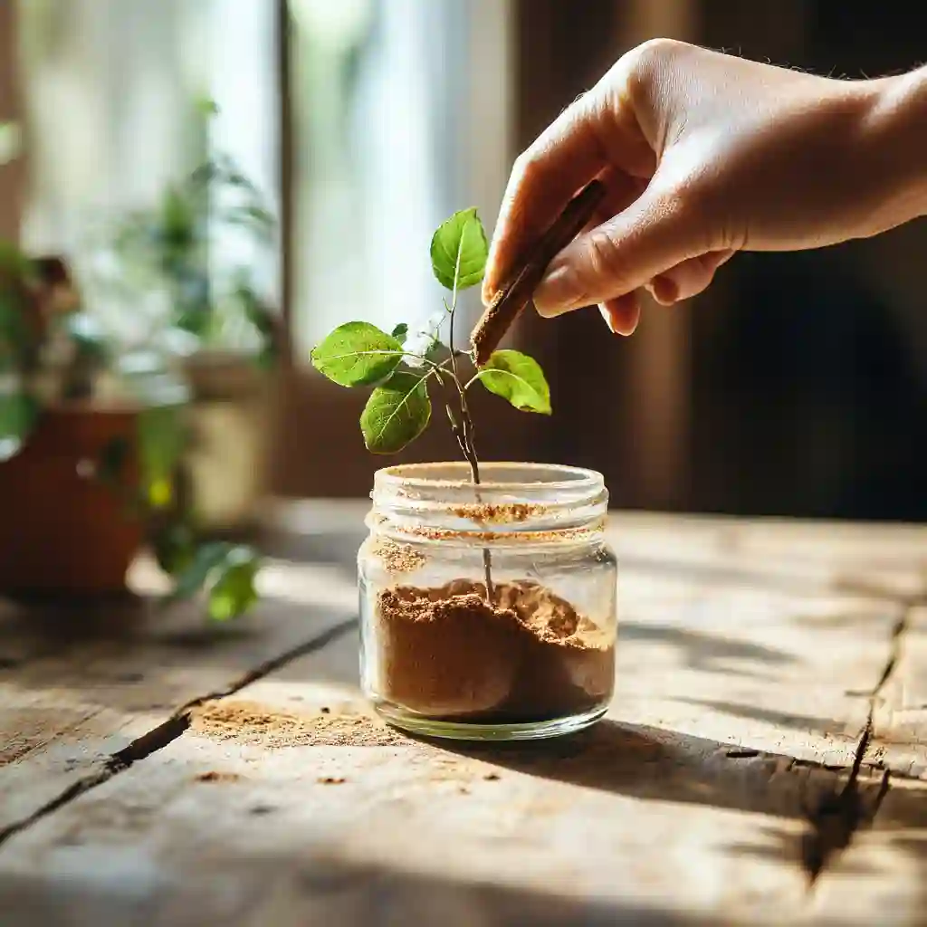 6 Mind-Blowing Reasons to Sprinkle Cinnamon on Your Plants Hand dipping plant cutting into cinnamon powder, preparing for propagation, glass jar of cinnamon nearby, rustic wood table, bright daylight, high detail, modern cottagecore aesthetic