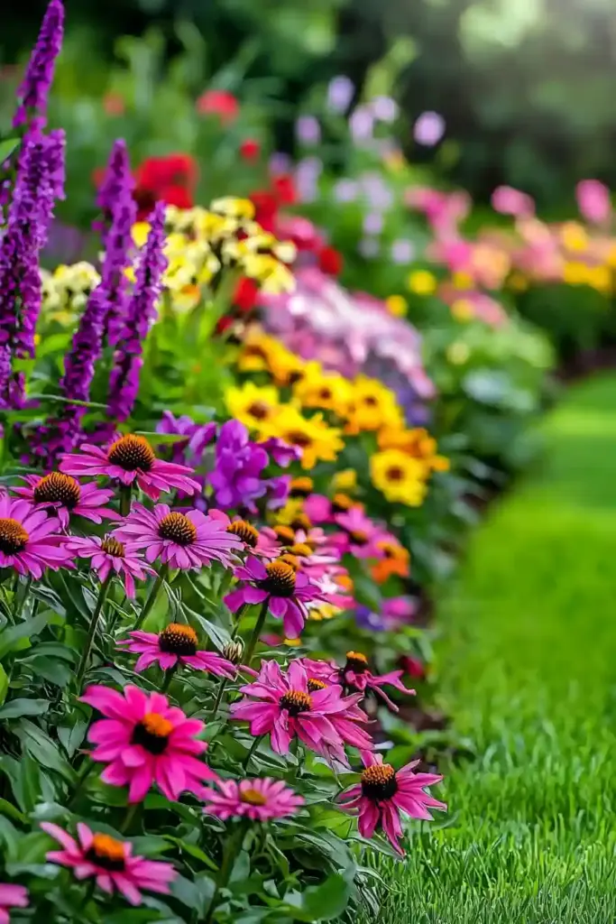 Top Low Maintenance Perennials for an Effortless Backyard Oasis Vibrant low maintenance perennial garden featuring lavender, coneflowers, black-eyed Susans, sedum, and daylilies against a lush green lawn.