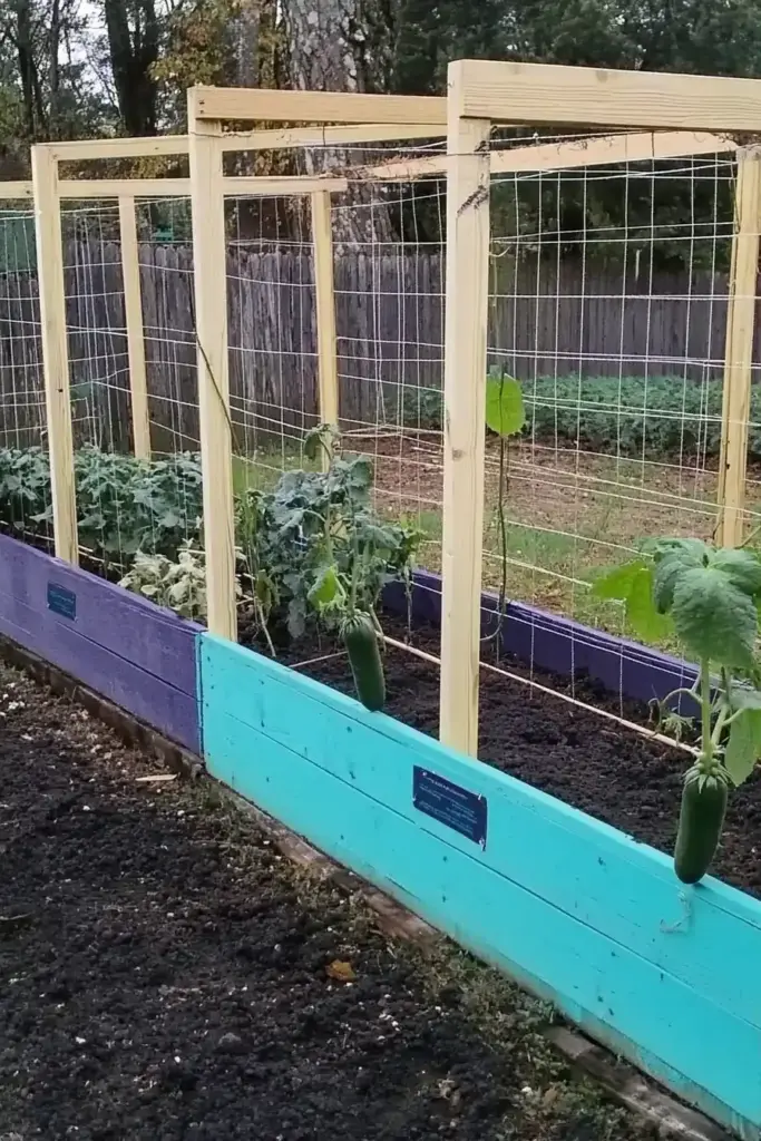 2. Wood and Twine Raised Bed Cucumber Trellis