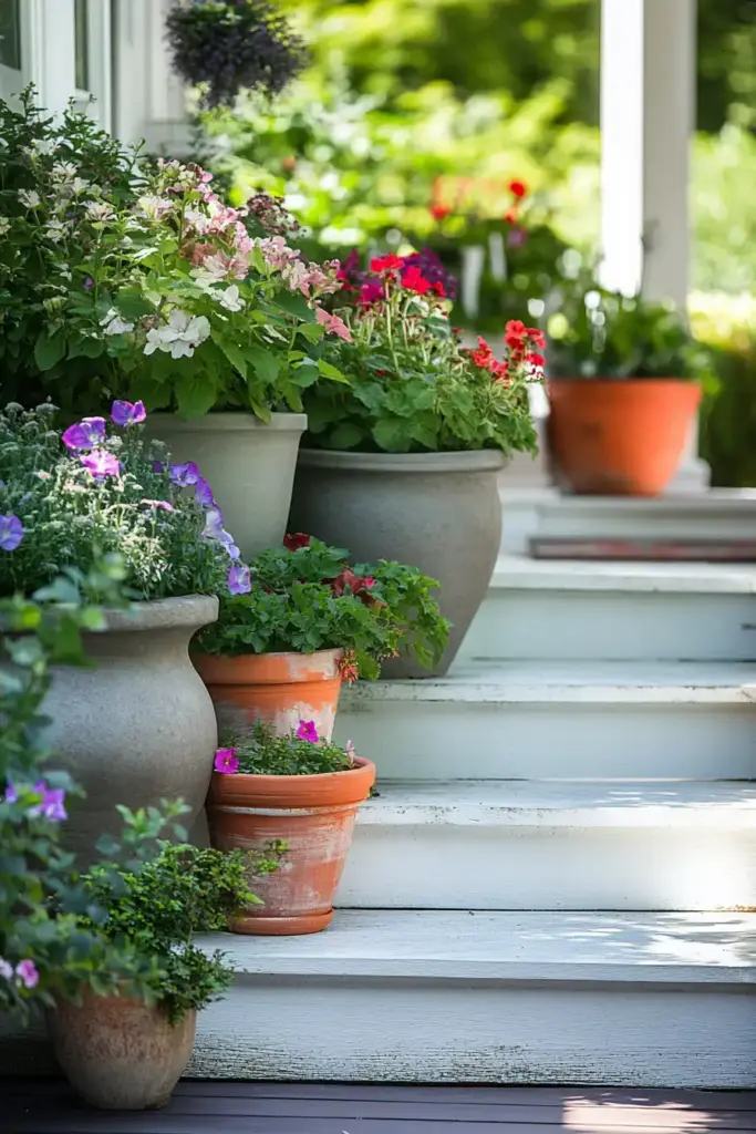 26 Front Porch Landscaping Ideas to Boost Curb Appeal 🌼 1. Lush Potted Plant Arrangements