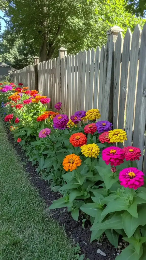 10 Creative Zinnia Garden Along Fence Ideas for a Cozy Yard 1. Rainbow Gradient Fence Display 🌈