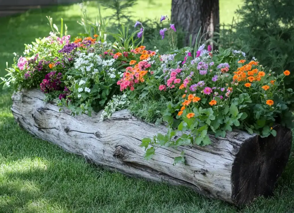 15 Simple Flower Bed Ideas to Transform Your Front Yard 11. Log Flower Bed