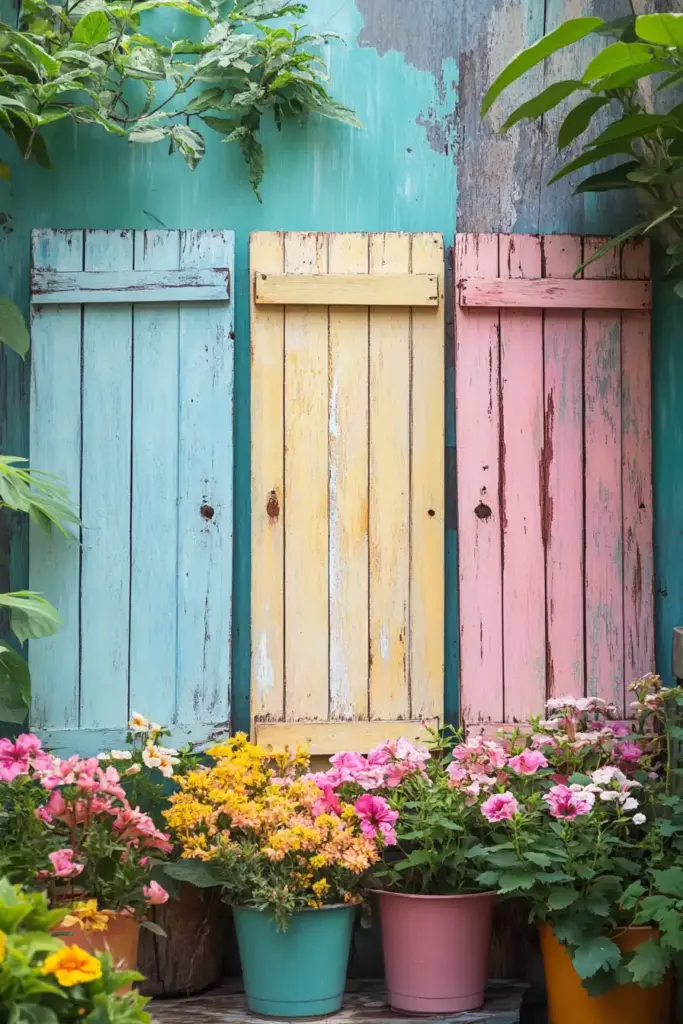 20 Chain Link Fence Privacy Ideas To Cover Them Up! 11. Hang Vintage Window Shutters for Character
