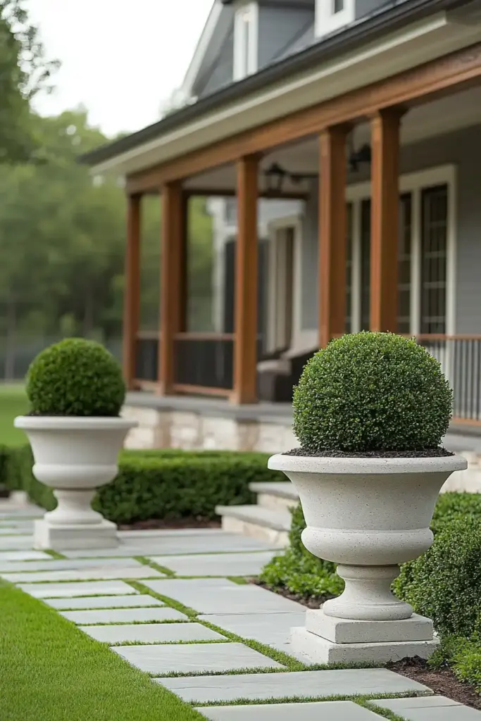26 Front Porch Landscaping Ideas to Boost Curb Appeal 🌳 11. Statement Trees in Oversized Planters