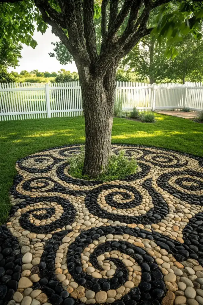 15 Beautiful Ways to Landscape Around Trees (With Rocks, Mulch & More!) 12. Decorative Pebble Mosaic