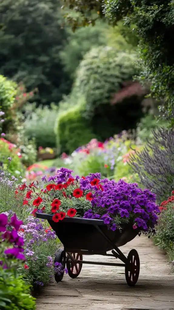 25 Backyard Flower Garden Ideas to Bring Whimsy and Color to Your Outdoor Space 13. Vintage Wheelbarrow Flower Planter