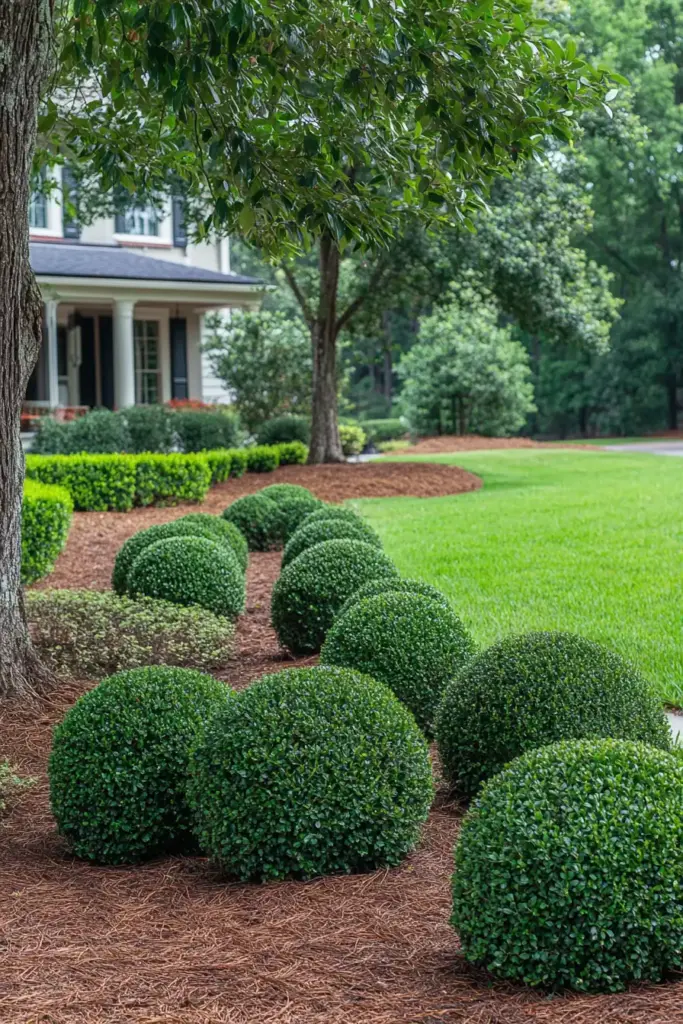 15 Beautiful Ways to Landscape Around Trees (With Rocks, Mulch & More!) 13. Evergreen Shrub Border