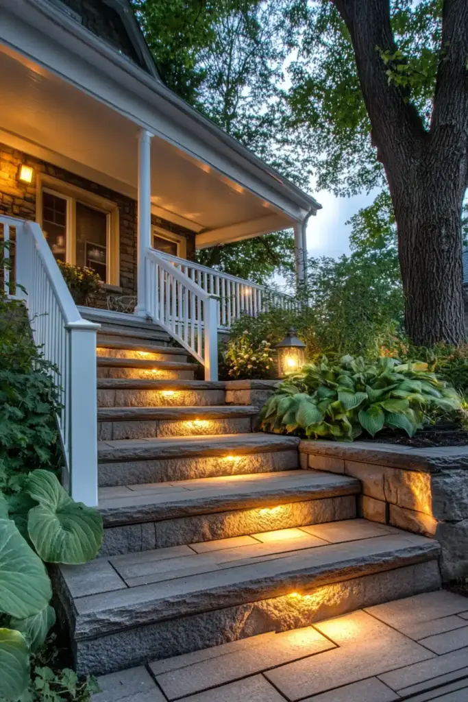 26 Front Porch Landscaping Ideas to Boost Curb Appeal 🔆 13. Solar-Powered Pathway Lights