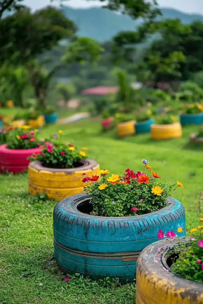 17+ Steep Hill Landscaping Ideas on a Budget 13. Utilize Old Tires for Creative Planters