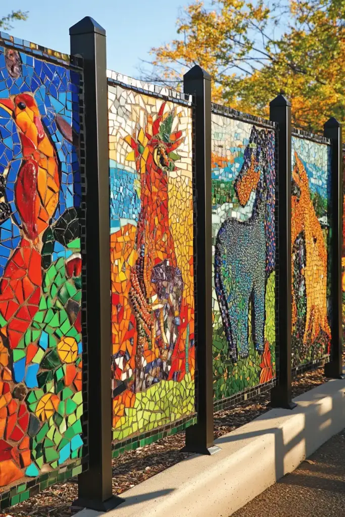 20 Chain Link Fence Privacy Ideas To Cover Them Up! 14. Craft Mosaic Panels for Artistic Texture