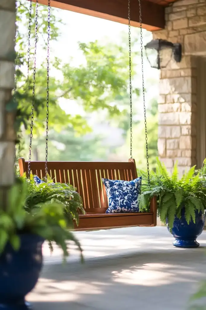 26 Front Porch Landscaping Ideas to Boost Curb Appeal 🌿 14. Porch Swing Surrounded by Greenery
