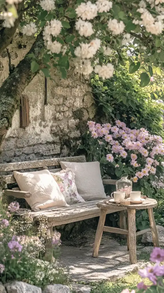 25 Backyard Flower Garden Ideas to Bring Whimsy and Color to Your Outdoor Space 16. Cozy Corner with a Rustic Garden Bench
