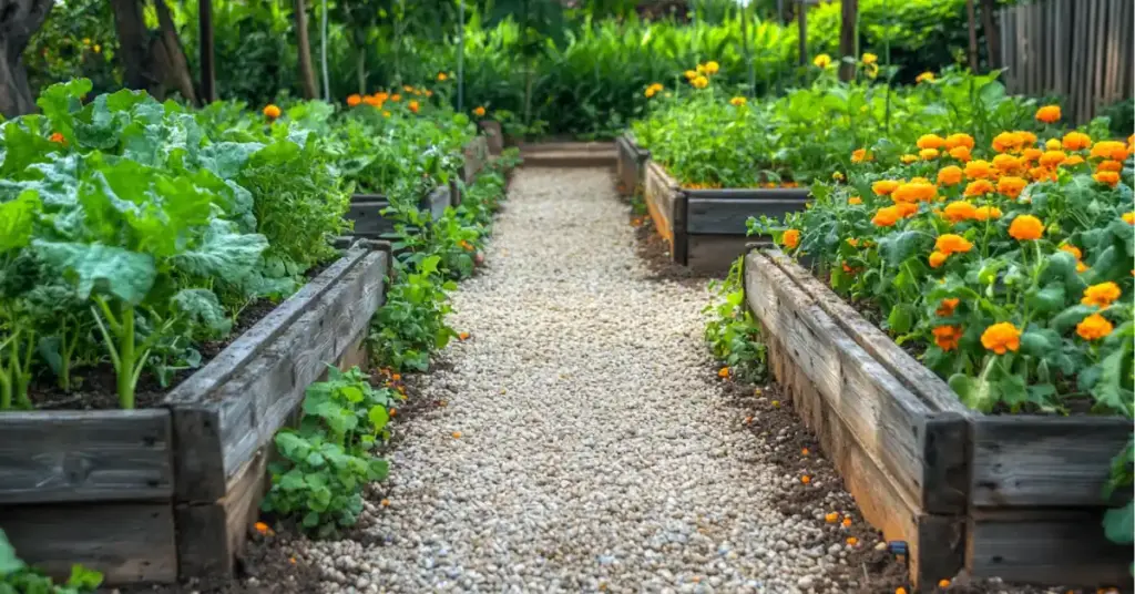 40 Backyard Vegetable Garden Ideas for Homegrown Goodness 17. Veggie Pathway Through an Urban Jungle