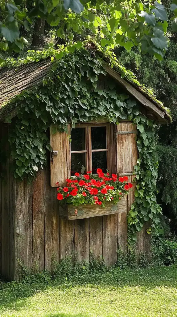 25 Backyard Flower Garden Ideas to Bring Whimsy and Color to Your Outdoor Space 18. Cottage Garden Tool Shed with Floral Frame