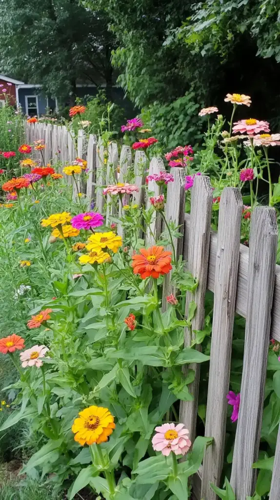 10 Creative Zinnia Garden Along Fence Ideas for a Cozy Yard 2. Cottage Garden Mix with Zinnias 🌿🏡