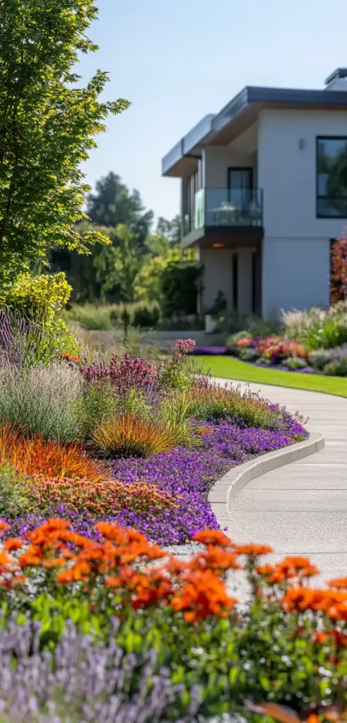 2. Curved Flower Bed with Layered Heights