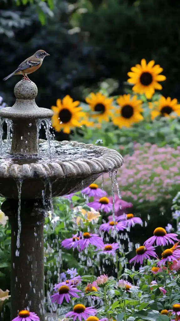 25 Backyard Flower Garden Ideas to Bring Whimsy and Color to Your Outdoor Space 20. Rustic Birdbath as a Garden Focal Point