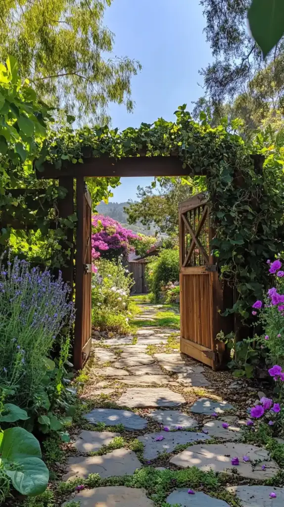 25 Backyard Flower Garden Ideas to Bring Whimsy and Color to Your Outdoor Space 22. Welcoming Entry with a Rustic Gate