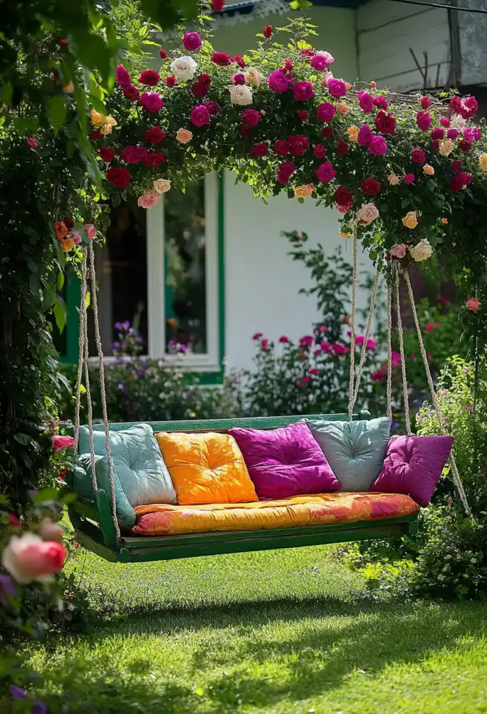 29 Whimsical Garden Ideas for a Dreamy Backyard 23. Floral Tire Swings