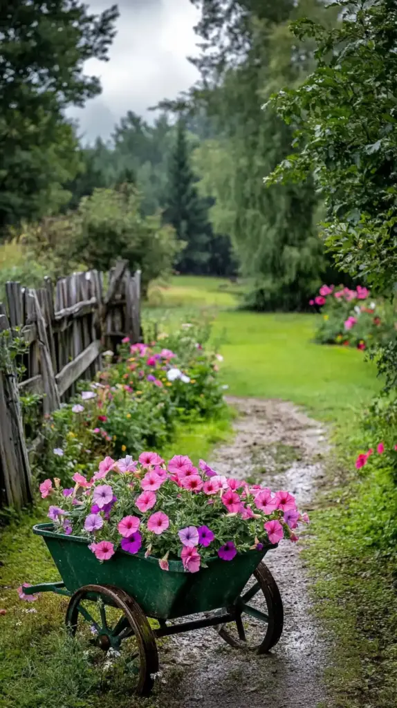 25 Backyard Flower Garden Ideas to Bring Whimsy and Color to Your Outdoor Space 25. Repurposed Garden Cart Display