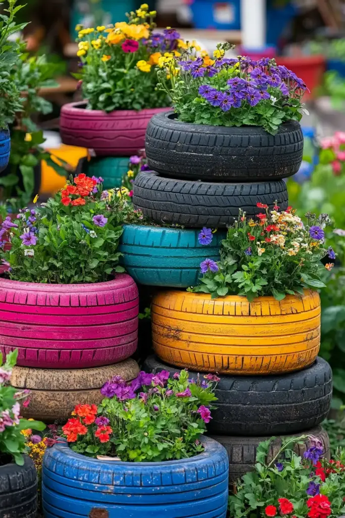 Colorful Tire Planters for Vertical Garden Decor