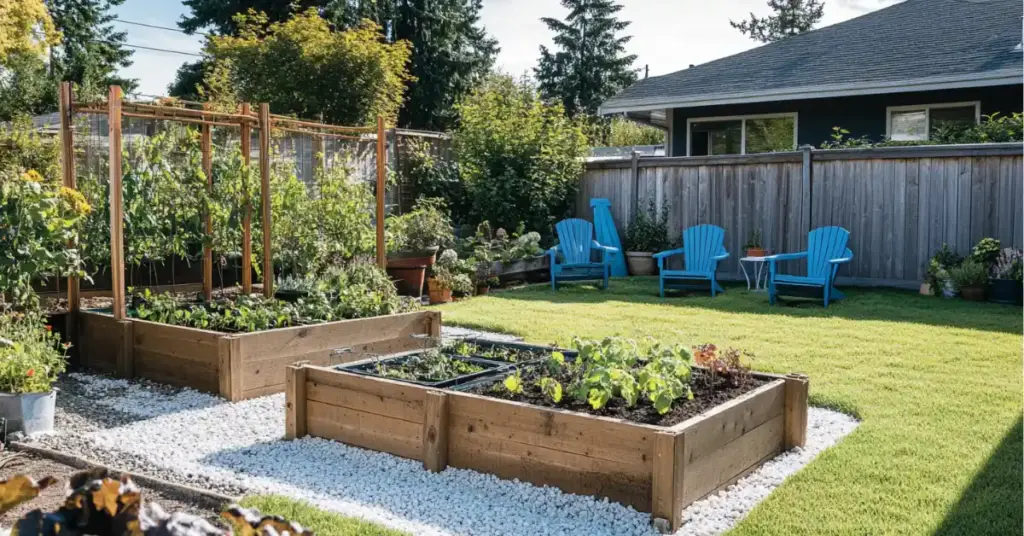 40 Backyard Vegetable Garden Ideas for Homegrown Goodness 32. Trellis Haven with Relaxing Corners