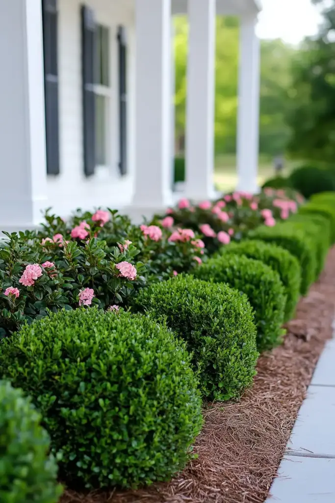 26 Front Porch Landscaping Ideas to Boost Curb Appeal 🌳 4. Neat Boxwood or Shrub Borders