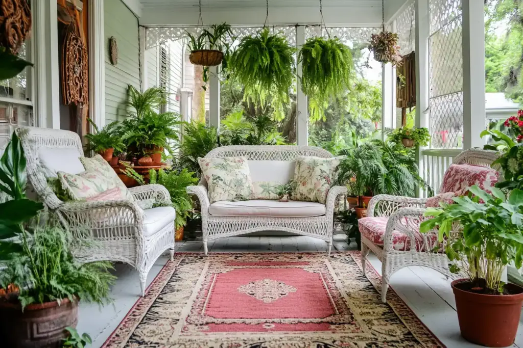12 Elegant Front Porch Fern Ideas for a Fresh Look 5. Hanging Ferns Behind Seating Areas