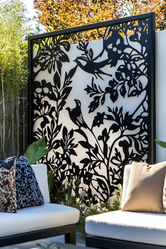 20 Chain Link Fence Privacy Ideas To Cover Them Up! 6. Add Decorative Metal Panels for Artistic Flair