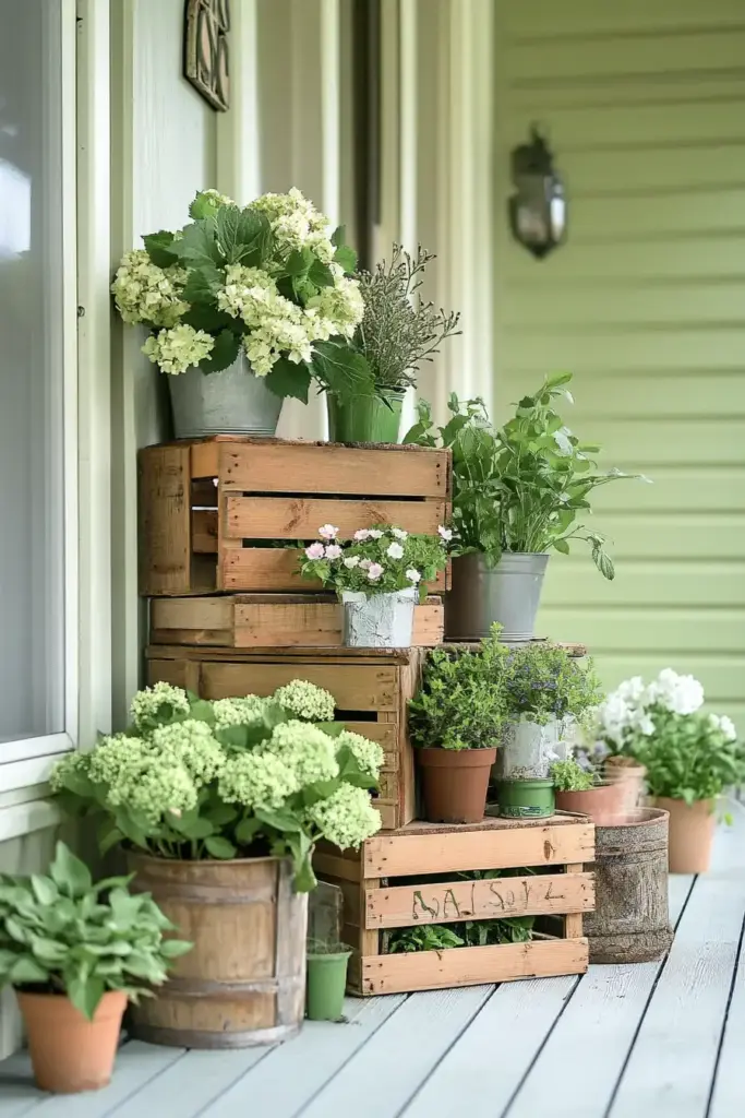 26 Front Porch Landscaping Ideas to Boost Curb Appeal 🌾 6. Rustic Wooden Crates with Plants