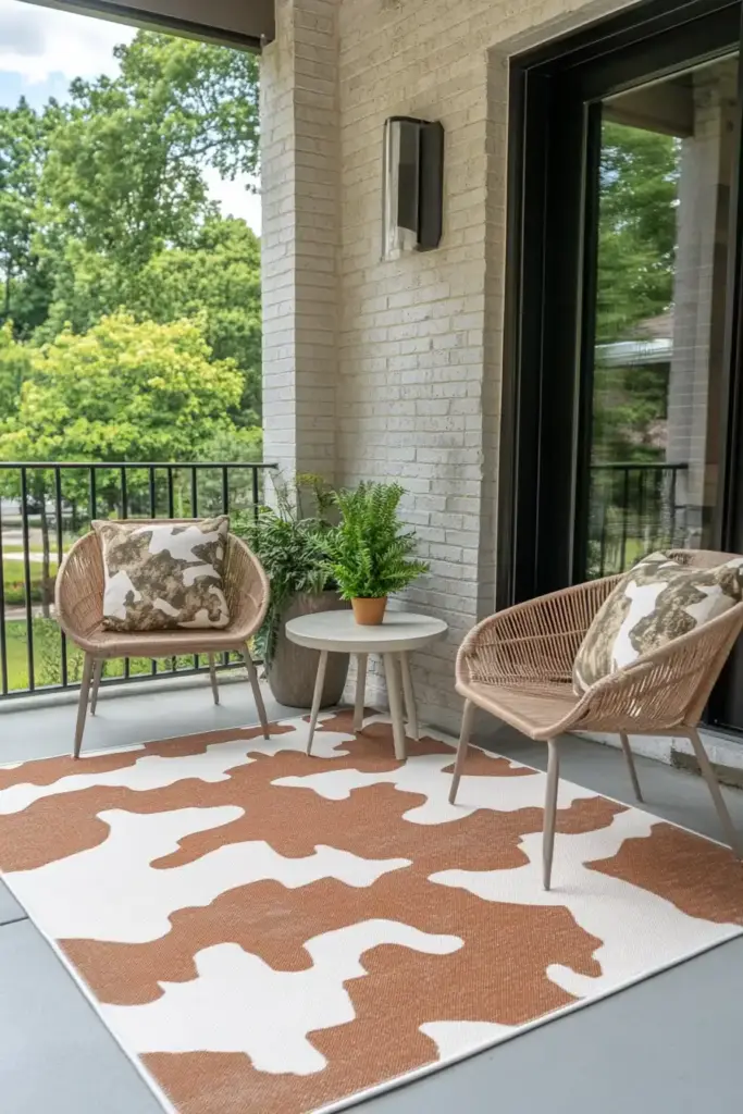 26 Front Porch Landscaping Ideas to Boost Curb Appeal 🧺 7. Cozy Outdoor Rug with Natural Accents