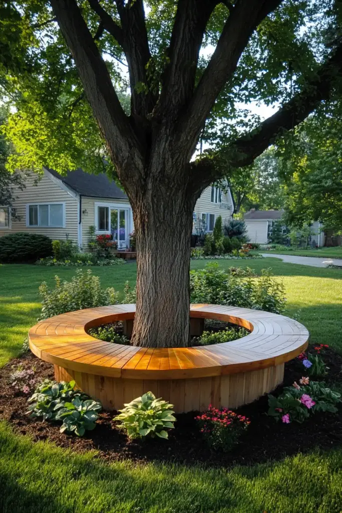 15 Beautiful Ways to Landscape Around Trees (With Rocks, Mulch & More!) 7. Tree Bench