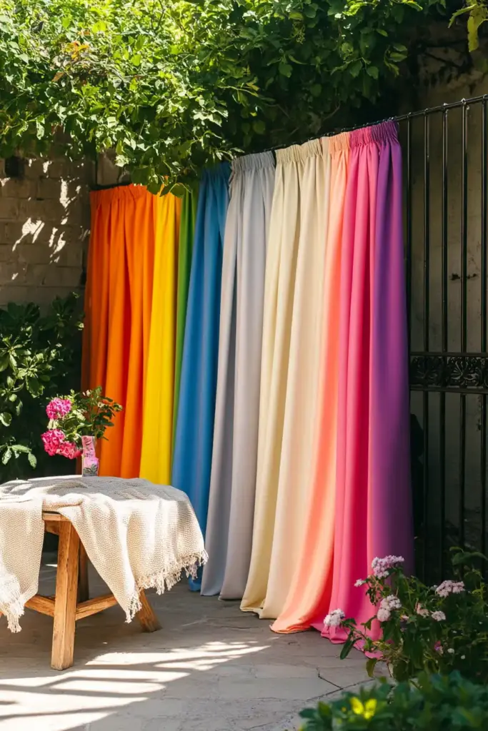 20 Chain Link Fence Privacy Ideas To Cover Them Up! 9. Drape Outdoor Fabric Panels for a Soft, Stylish Look