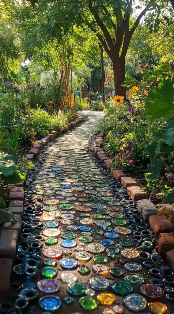 9. Garden Walkway with Glass Bottles