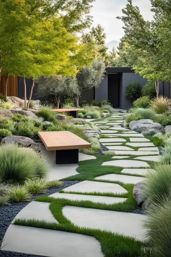 Modern Front Yard Landscaping with a Monochromatic Color Scheme
