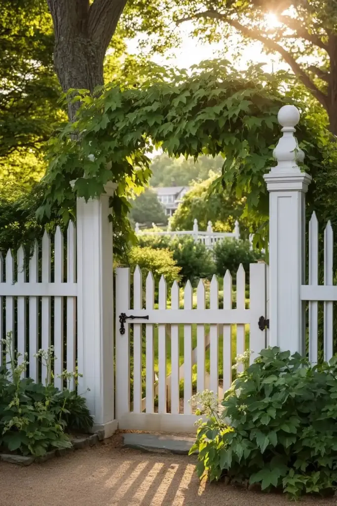 Classic White Picket Fence Gate with Climbing Vines