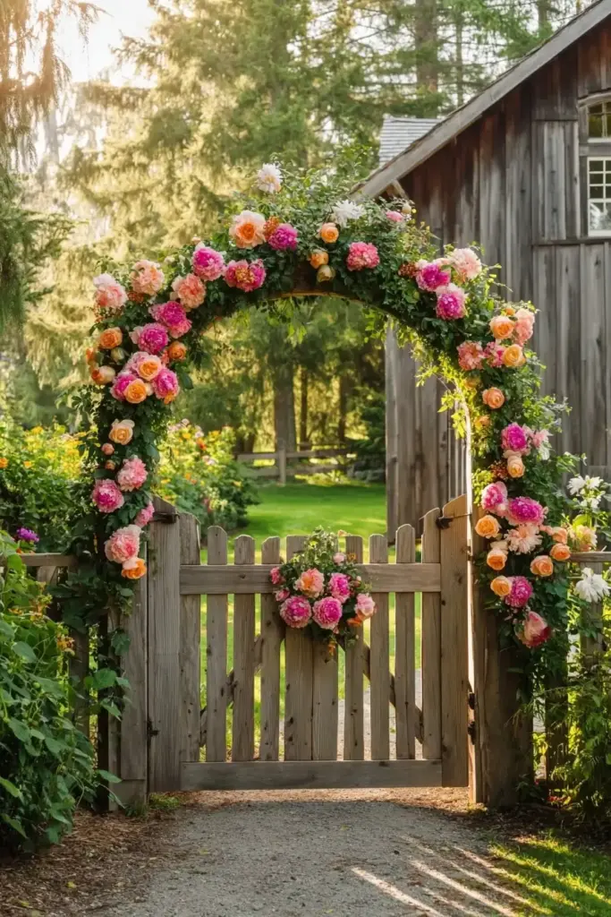 Whimsical Wooden Gate with Floral Wreaths