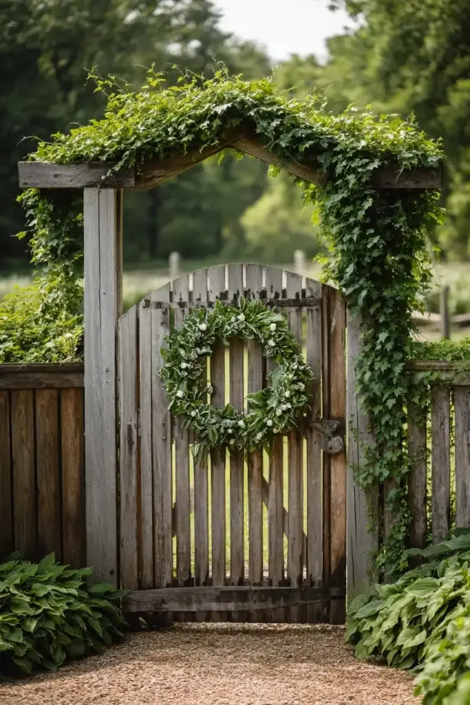 Rustic Wooden Gate with Live Wreath Decorations