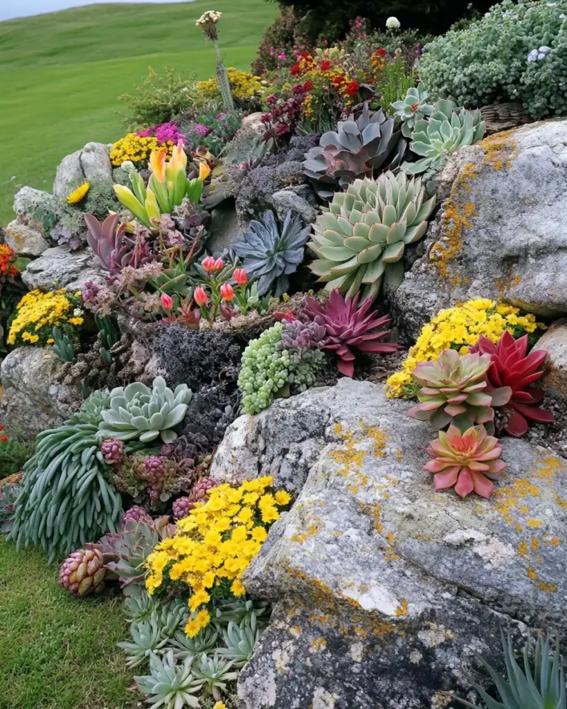Vibrant Succulent Wall with Stone Retainers